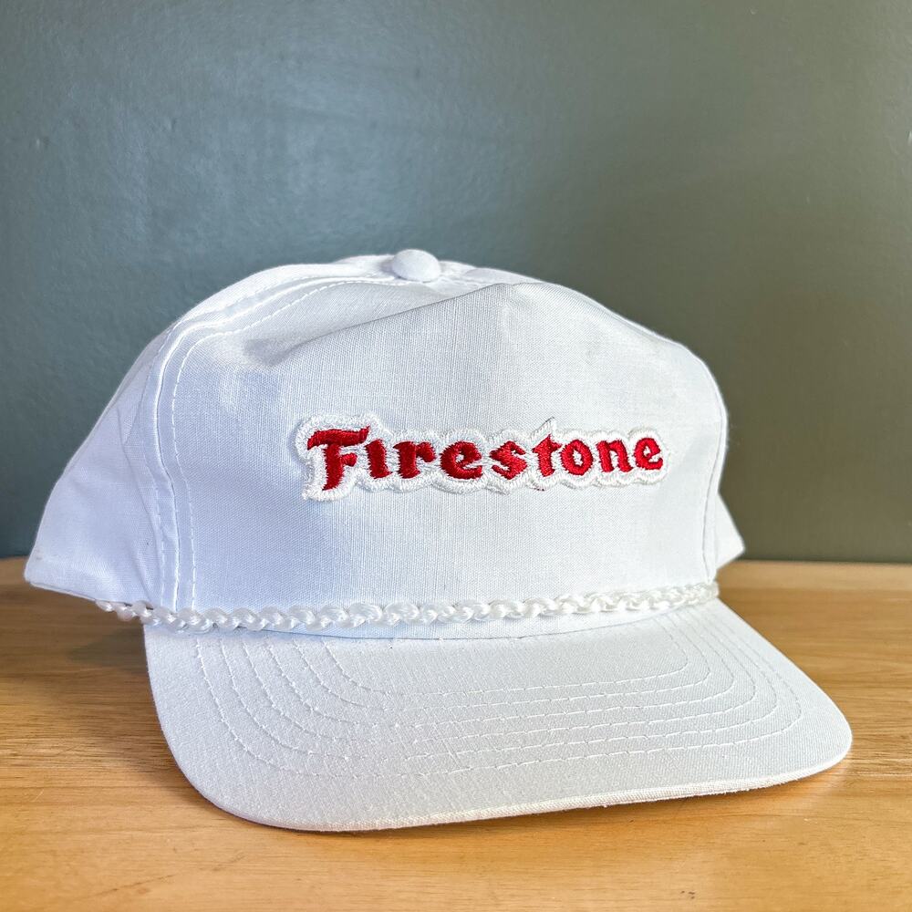 Vintage Firestone Tires Embroidered Logo White Red Rope Brim Snapback Hat